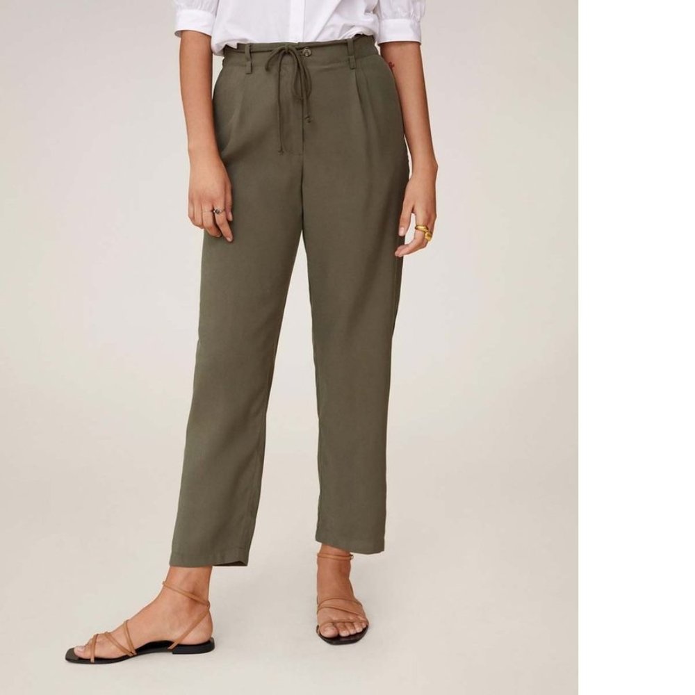 MANGO Women's Size 4 Green Khaki Flowy High-Waisted Cropped Trouser Pants Small